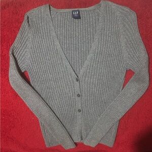 GAP Gray Ribbed V-Neck Button Cardigan